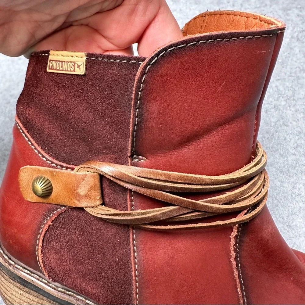 Pikolinos Burgundy Leather Suede Fringe Ankle Boots Women Size 39 - Picture 6 of 13